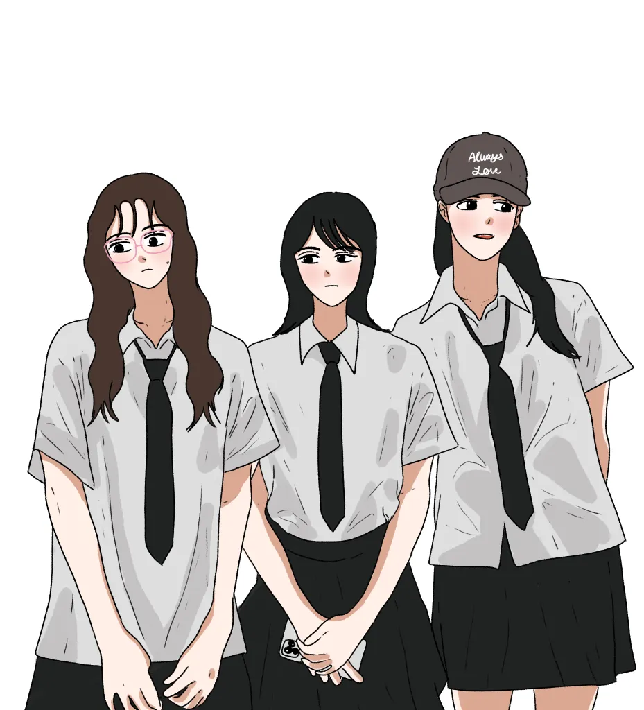 젤리, 허쉬, 포니가 교복을 입은 그림.